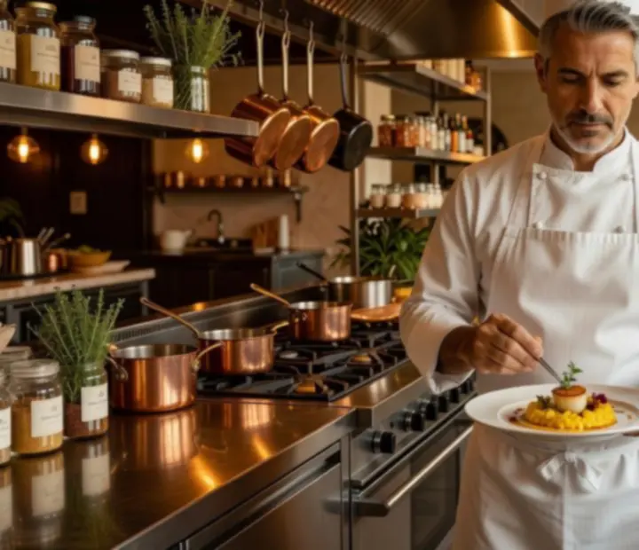 Séfünk elegáns konyhában egy fine dining fogást készít