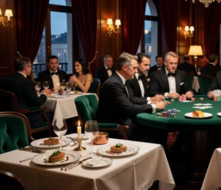 Elegáns étterem vendégekkel a pókerasztalnál és fine dining fogásokkal megterített asztalokkal