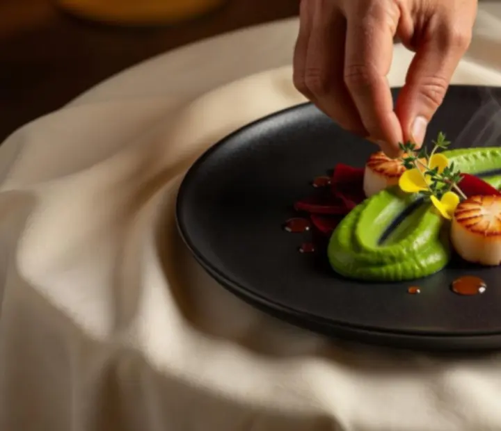 Művészien tálalt fine dining fogás hangulatos megvilágításban