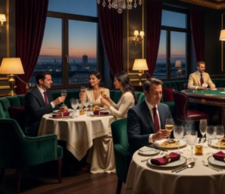 Elegáns, gyertyafényes éttermi enteriőr a Magyar Klubestekben, háttérben pókerasztallal.